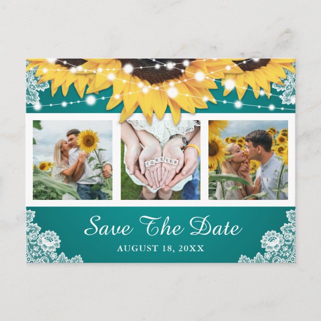 Teal Lace Sunflower Wedding Photo Save The Date Announcement Postcard (Front)
