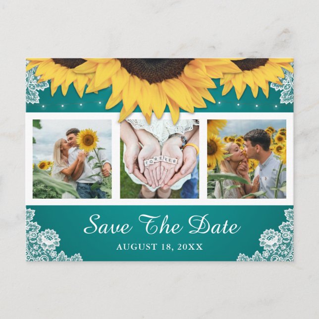 Teal Lace Sunflower Wedding Photo Save The Date Announcement Postcard (Front)