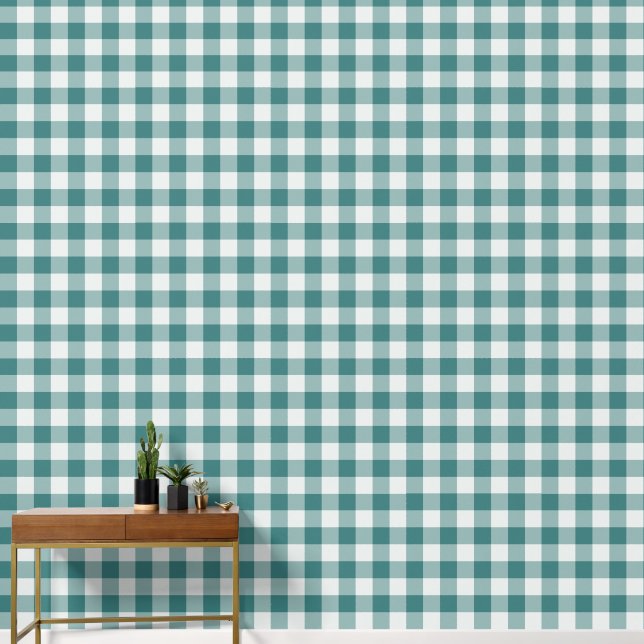 Teal Large Chequered Gingham Wallpaper (Hallway)