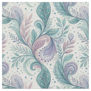 Teal & Lavender Paisley Watercolor Floral Pattern Fabric