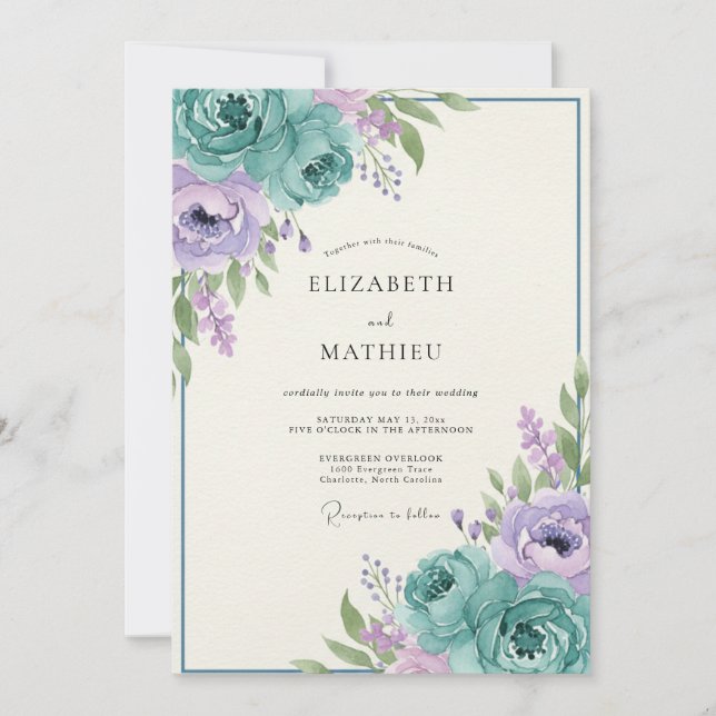 Teal Lavender Romantic Floral Wedding Invitation (Front)