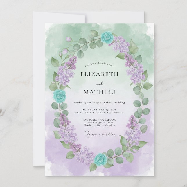 Teal Lavender Whimsical Spring Wedding Invitation (Front)