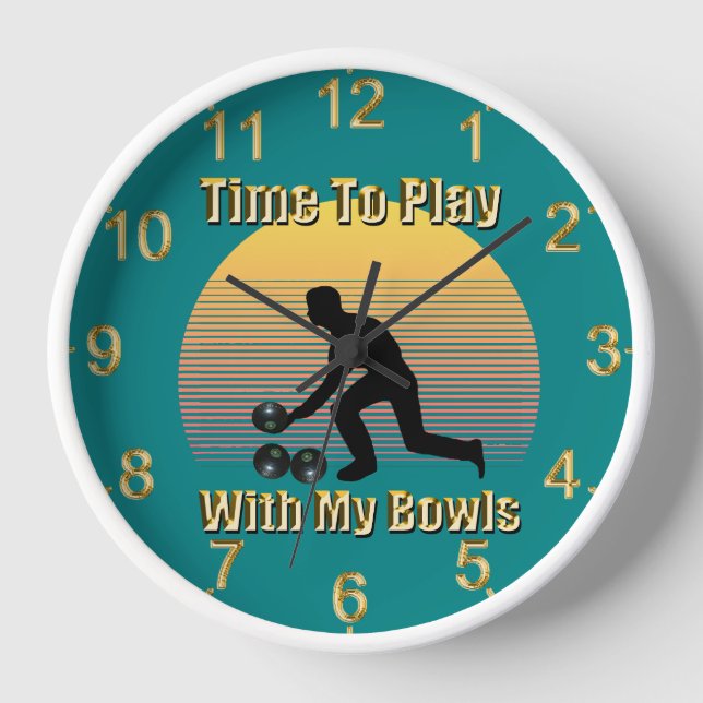 Teal Lawn Bowls Playtime, Wood Frame Wall Clock (Front)