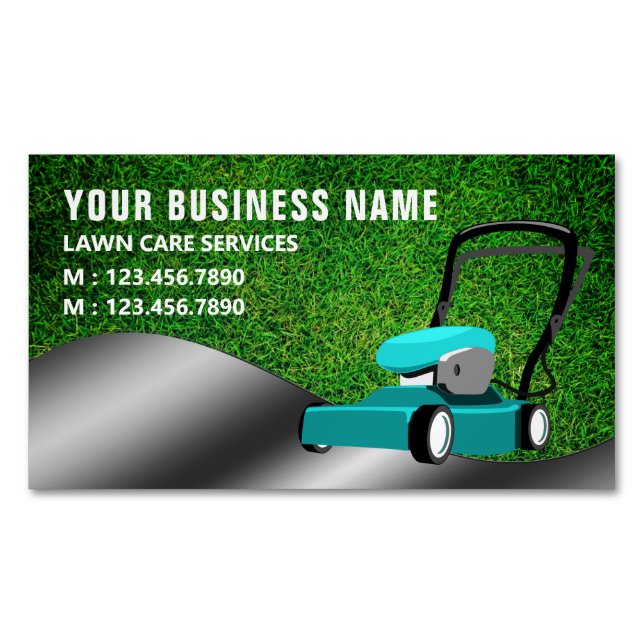 Teal Lawn Mower Gardening Service Grass Cutting Magnetic Business Card (Front)