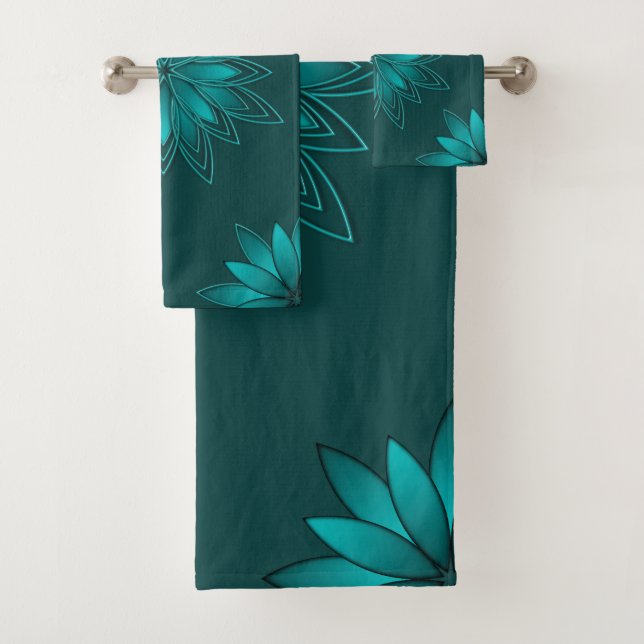 Teal Leaf Mandala Design on Dark Cyan Bath Towel Set (Insitu)