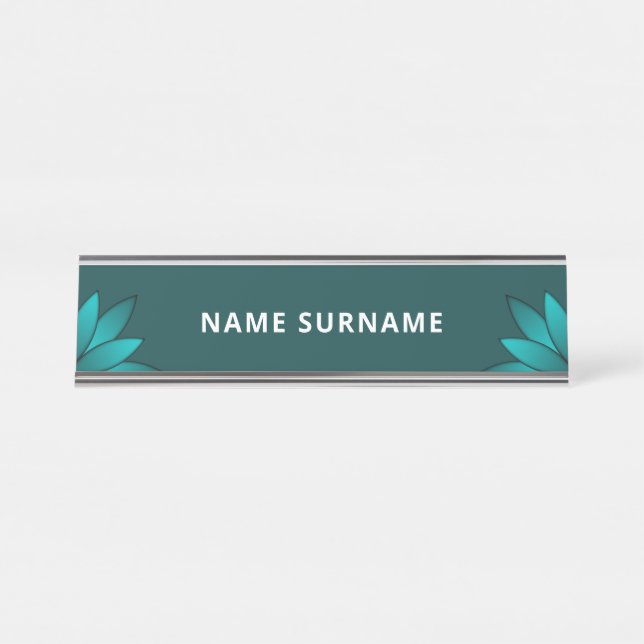 Teal Leaf Mandala Design on Dark Cyan Desk Name Plate (Front)