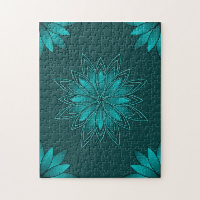 Teal Leaf Mandala Design on Dark Cyan Jigsaw Puzzle (Vertical)