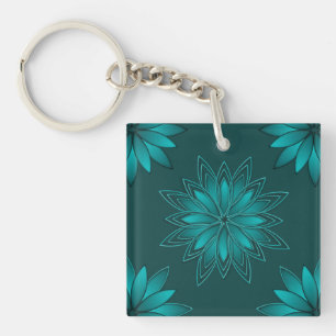 Teal Leaf Mandala Design on Dark Cyan Key Ring