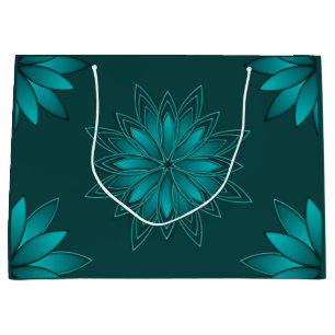 Teal Leaf Mandala Design on Dark Cyan Large Gift Bag