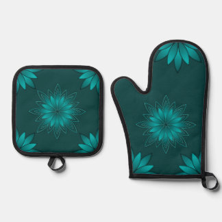 Teal Leaf Mandala Design on Dark Cyan Oven Mitt & Pot Holder Set