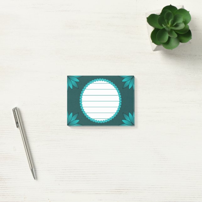 Teal Leaf Mandala Design on Dark Cyan Post-it Notes (Office)
