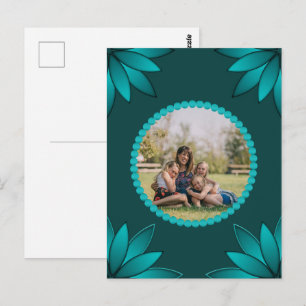 Teal Leaf Mandala Design on Dark Cyan Postcard