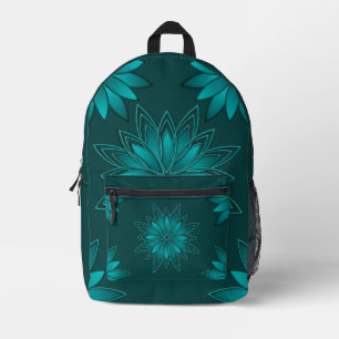 Teal Leaf Mandala Design on Dark Cyan Printed Backpack