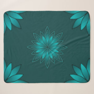 Teal Leaf Mandala Design on Dark Cyan Sherpa Blanket