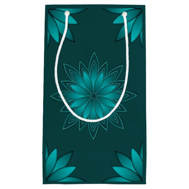 Teal Leaf Mandala Design on Dark Cyan Small Gift Bag (Front)