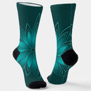 Teal Leaf Mandala Design on Dark Cyan Socks
