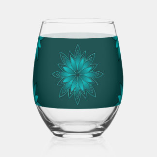 Teal Leaf Mandala Design on Dark Cyan Stemless Wine Glass