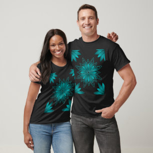 Teal Leaf Mandala Design on Dark Cyan T-Shirt