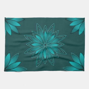 Teal Leaf Mandala Design on Dark Cyan Tea Towel