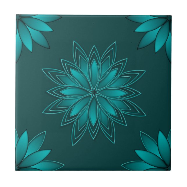 Teal Leaf Mandala Design on Dark Cyan Tile (Front)