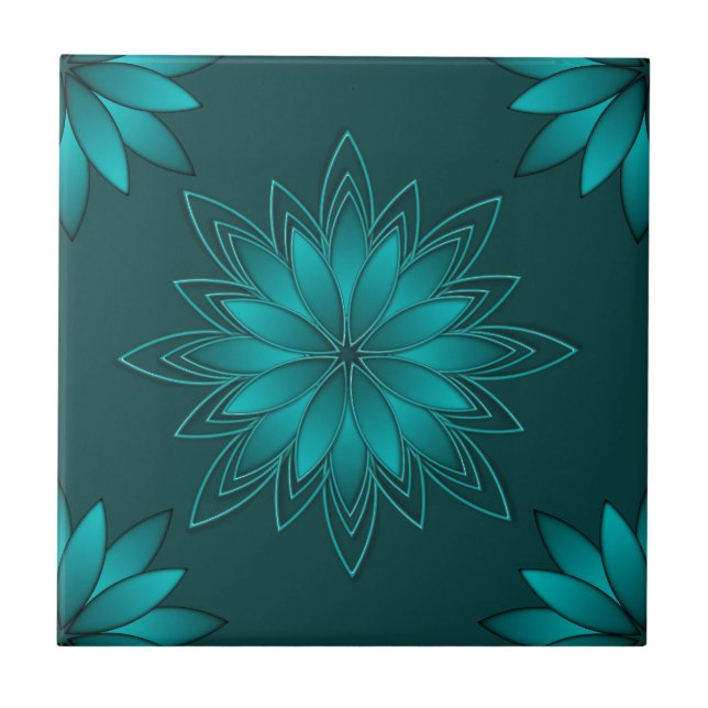 Teal Leaf Mandala Design on Dark Cyan Tile (Front)