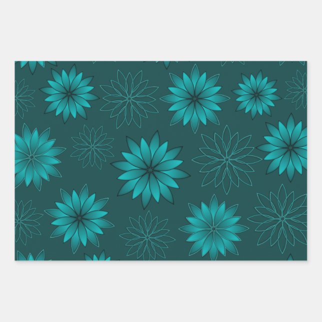 Teal Leaf Mandala Design on Dark Cyan Wrapping Paper Sheet (Front 3)