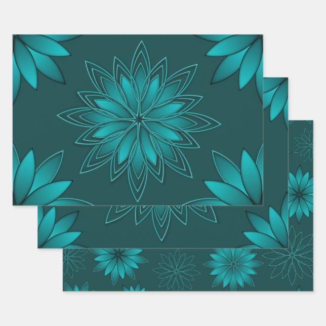 Teal Leaf Mandala Design on Dark Cyan Wrapping Paper Sheet (Set)