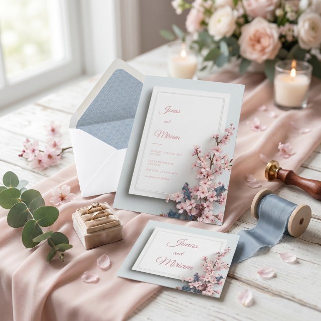 Teal Leaf Pink Sakura Textured Frame Wedding Invitation (Creator Uploaded)