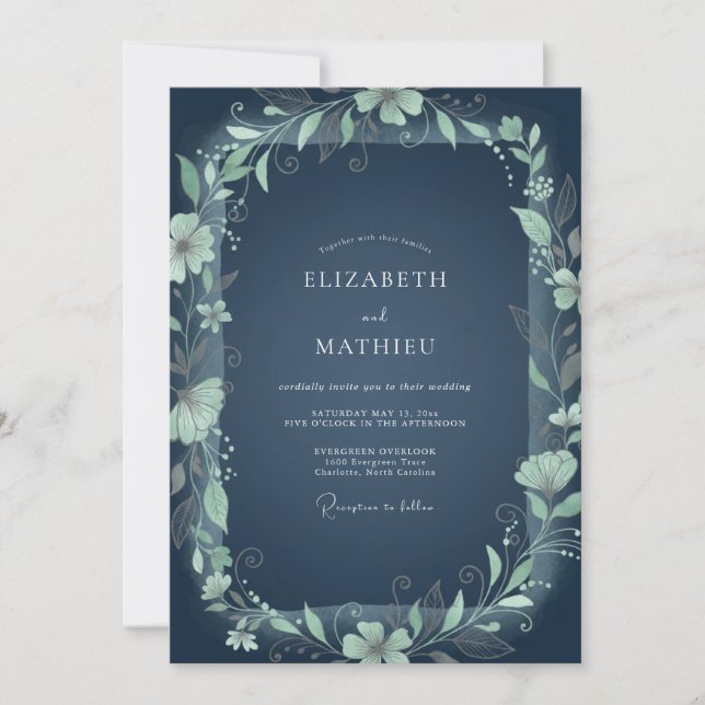 Teal Leafy Garland Wedding Invitation (Front)