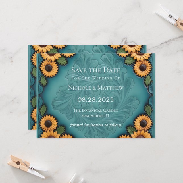 Teal Leather Tooled & Sunflowers Save the Date Invitation (Front/Back In Situ)