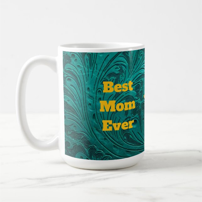 Teal Leather Tooled Yellow Sunflower Best Mum Ever Coffee Mug (Left)