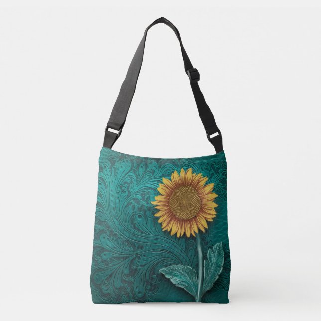 Teal Leather Tooled Yellow Sunflower Crossbody Bag (Front)