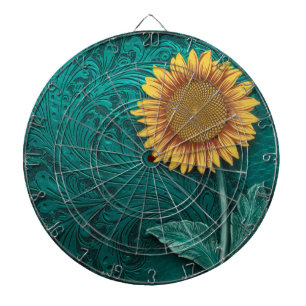 Teal Leather Tooled Yellow Sunflower Dartboard