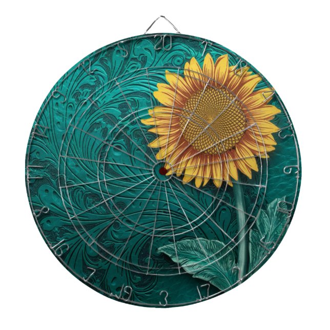 Teal Leather Tooled Yellow Sunflower Dartboard (Front)