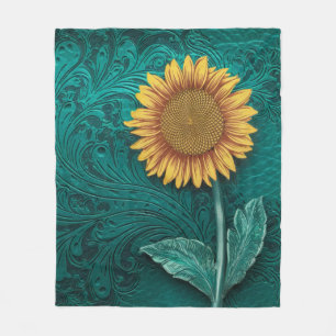Teal Leather Tooled Yellow Sunflower Fleece Blanket