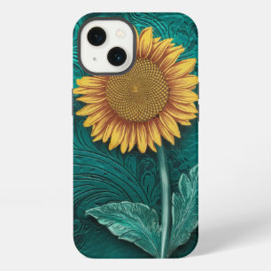 Teal Leather Tooled Yellow Sunflower iPhone 13 Case