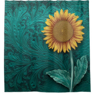Teal Leather Tooled Yellow Sunflower Shower Curtain