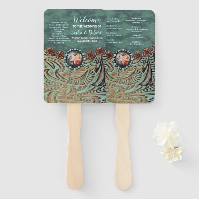 Teal leather western country wedding programs hand fan (Front and Back)
