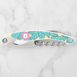 Teal Leaves Botanical Pattern Bright Pink Monogram Corkscrew