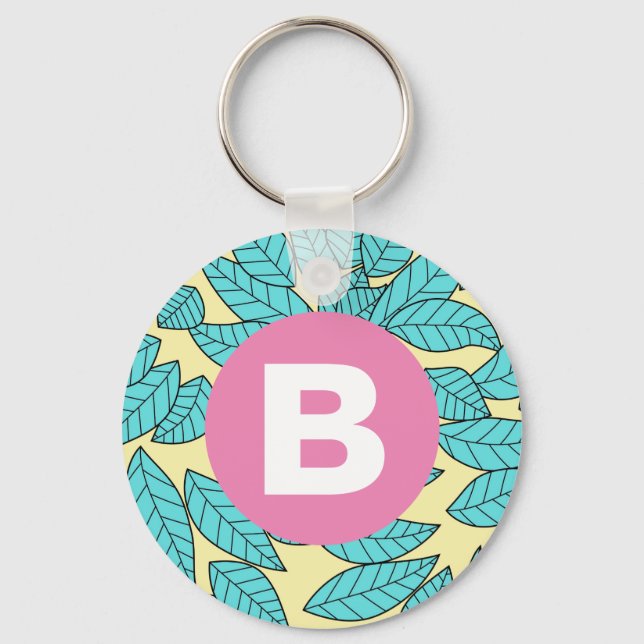 Teal Leaves Botanical Pattern Bright Pink Monogram Key Ring (Front)