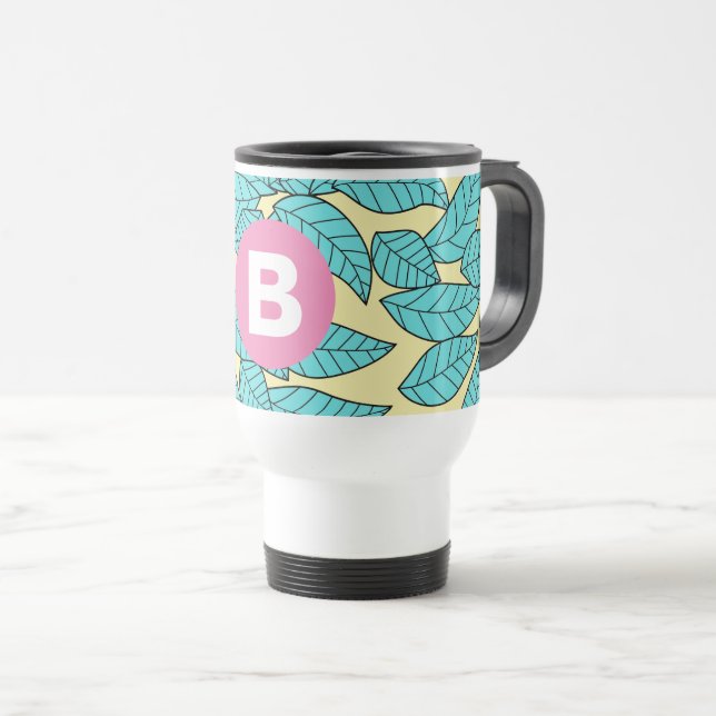 Teal Leaves Botanical Pattern Bright Pink Monogram Travel Mug (Front Right)