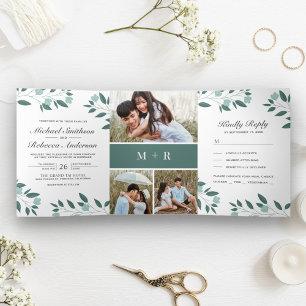 Teal Leaves Branch 3 in 1 Photo Collage Wedding Tri-Fold Invitation