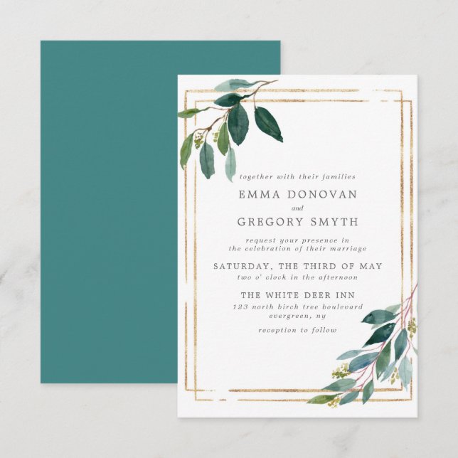 Teal Leaves Gold Frame Botanical Greenery Wedding Invitation (Front/Back)