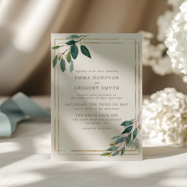 Teal Leaves Gold Frame Botanical Greenery Wedding Invitation (Creator Uploaded)