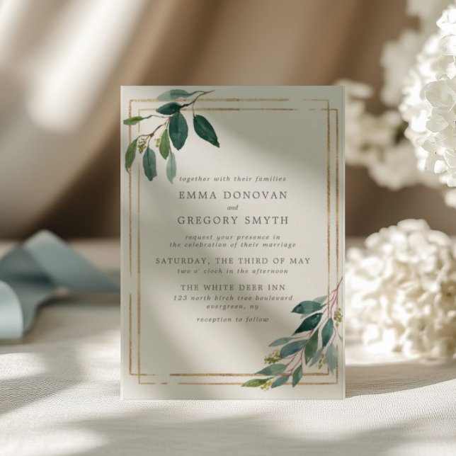 Teal Leaves Gold Frame Botanical Greenery Wedding Invitation (Creator Uploaded)
