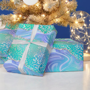 Teal Leopard Agate Glam Abstract Stone Pattern Wrapping Paper