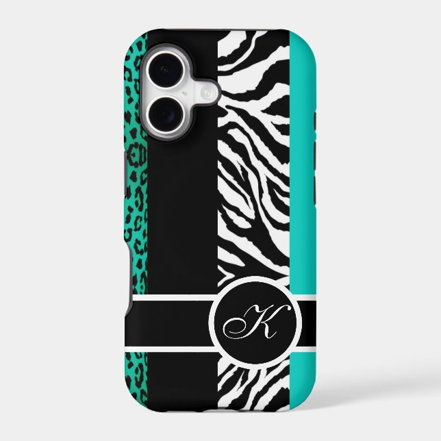 Teal Leopard and Zebra Animal Print Monogram (Back)