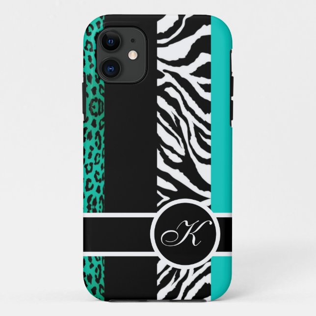 Teal Leopard and Zebra Animal Print Monogram Case-Mate iPhone Case (Back)