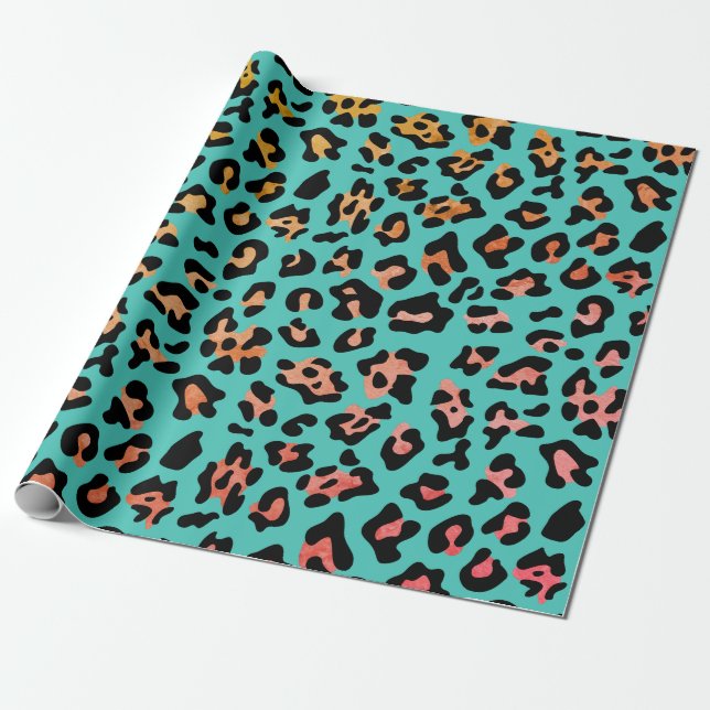 Teal Leopard Animal Print Wrapping Paper (Unrolled)