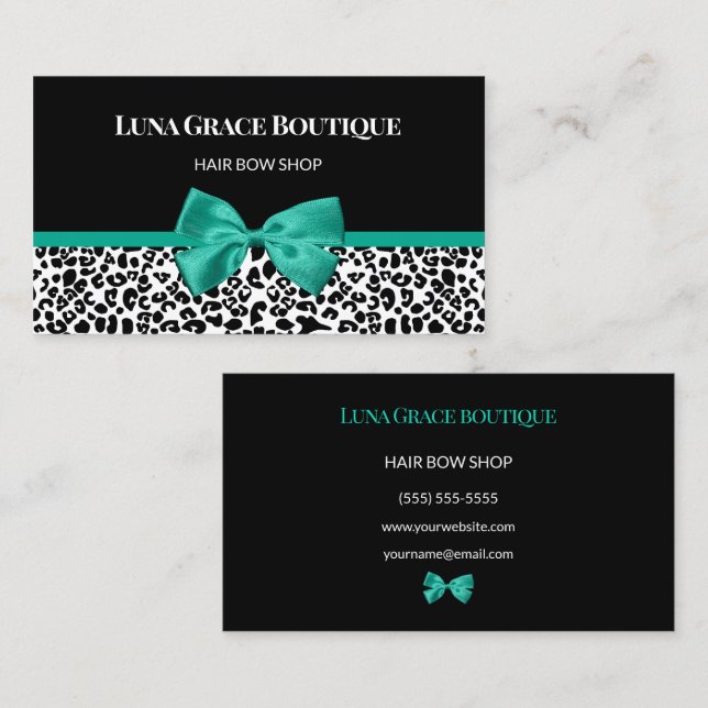 Teal Leopard Bow Hair Bow Shop Business Card (Front/Back)